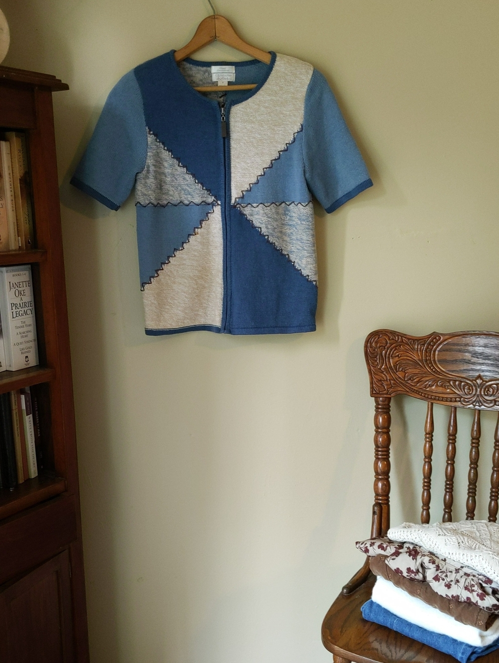 Christopher & Banks Blue and Cream Zip-Front Short Sleeve Sweater